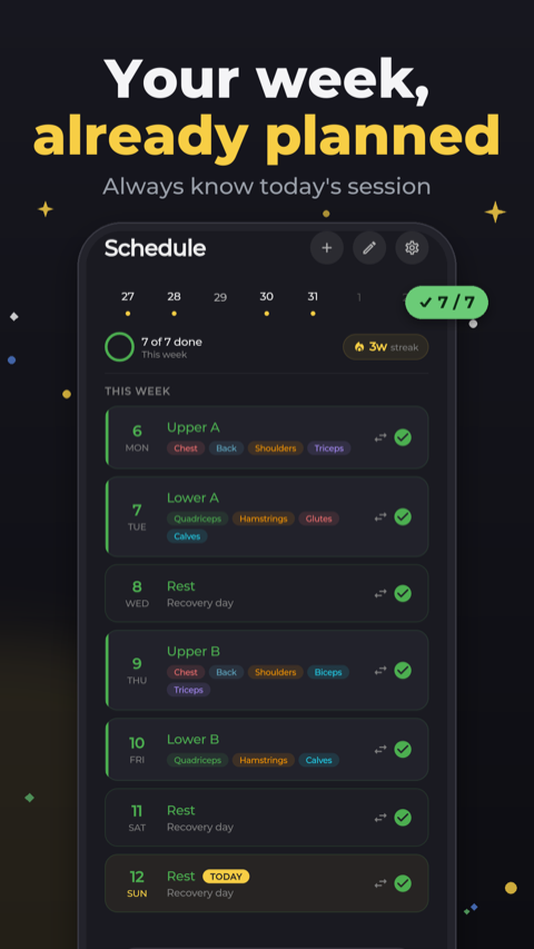 Weekly workout plan and calendar