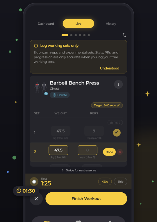 Repivate live workout screen with the rest timer running
